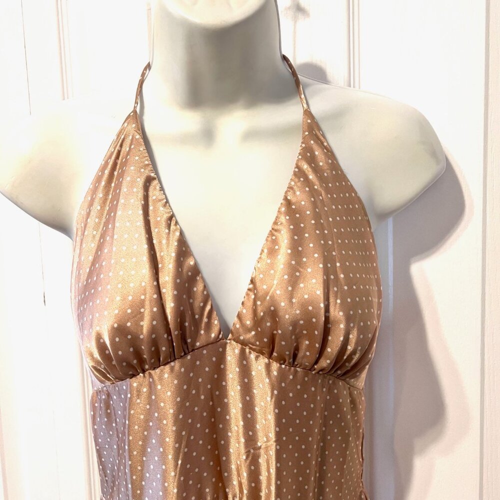 Alyn Paige-Women's Size 5/6 Jrs.-Halter Polka Dot Flowy Satin Feel Dress-Tan/Wh - Picture 2 of 15